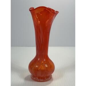 Vintage Lefton's Japan Orange White Hand Blown Glass Vase 7 1/2” Swirl Art Glass